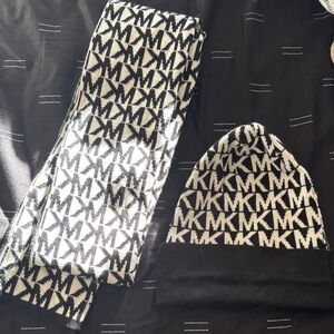 Michael Kors Black and White Logo Scarf and Beanie Set